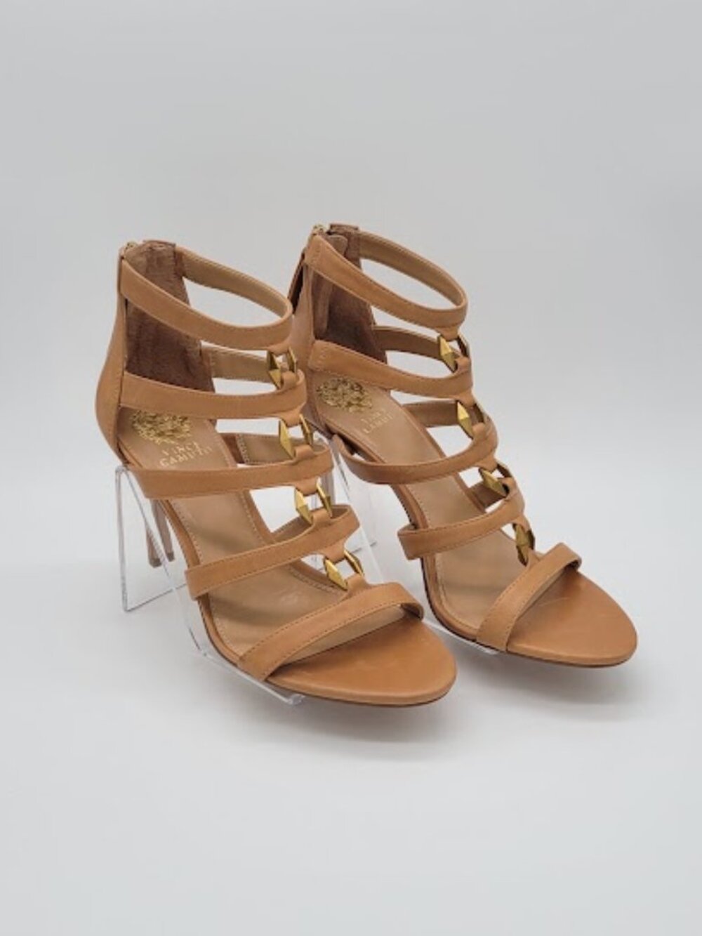 VINCE CAMUTO Azelie Women's Sandals Size 9 Tan Leather Caged Stiletto Heels NWOB